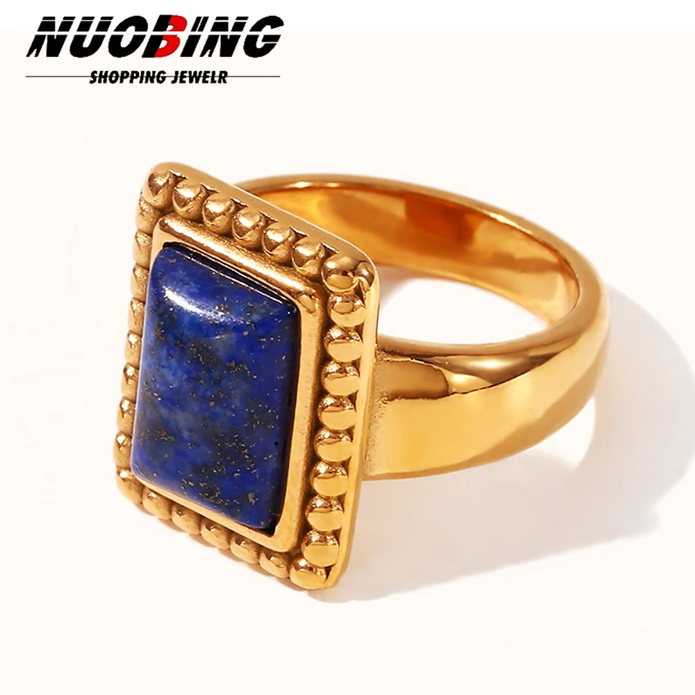 Vintage Irregular Textured Metal Natural Gemstone Square Ring Stainless Steel For Women Trendy Turquoise Finger Jewelry