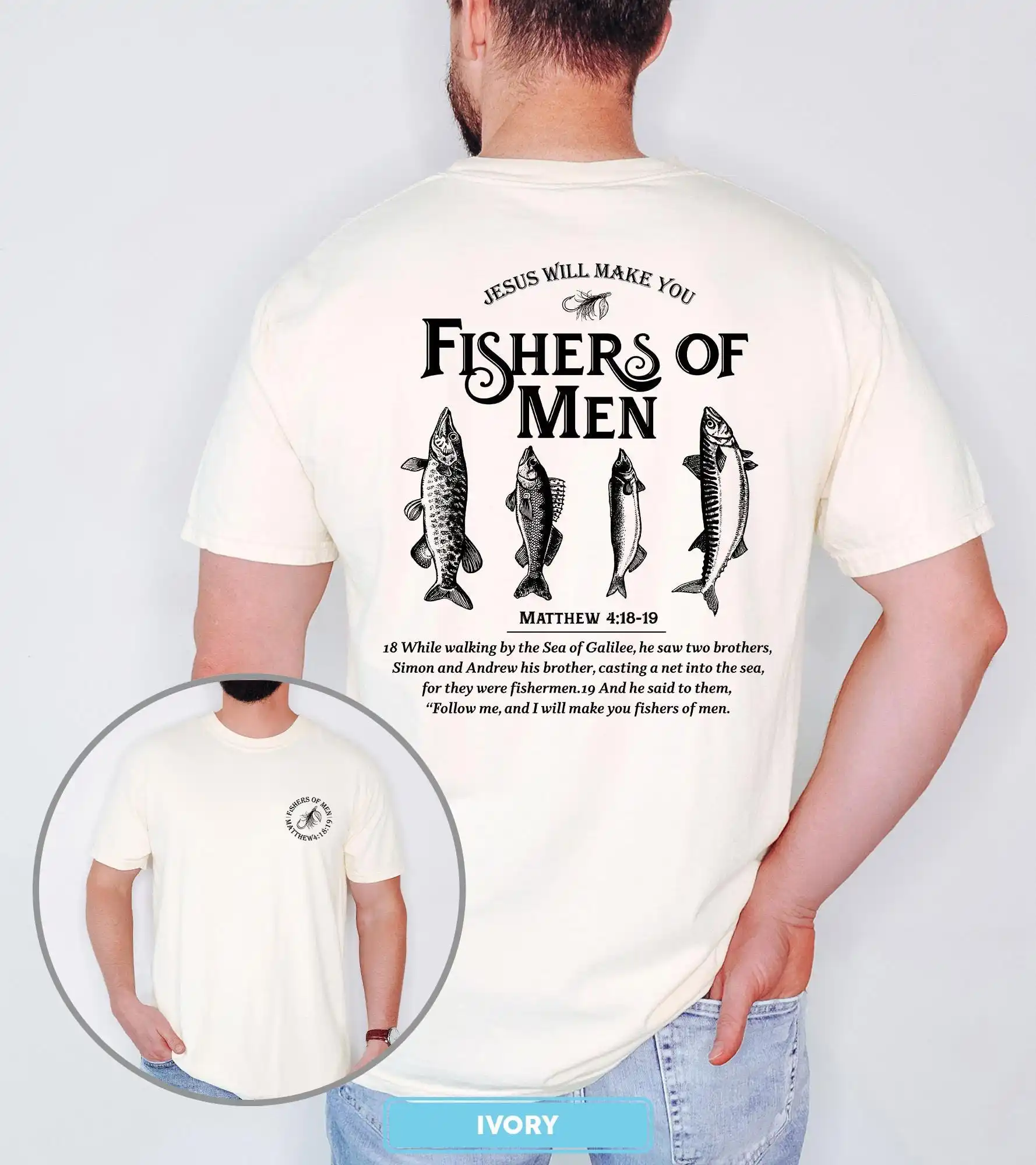 Fishers of Men Tee, Christian T-shirts, Outdoors Faith Shirt, Jesus Tee, Bible Verse Matthew 4:19, Father's Day Gift for Him