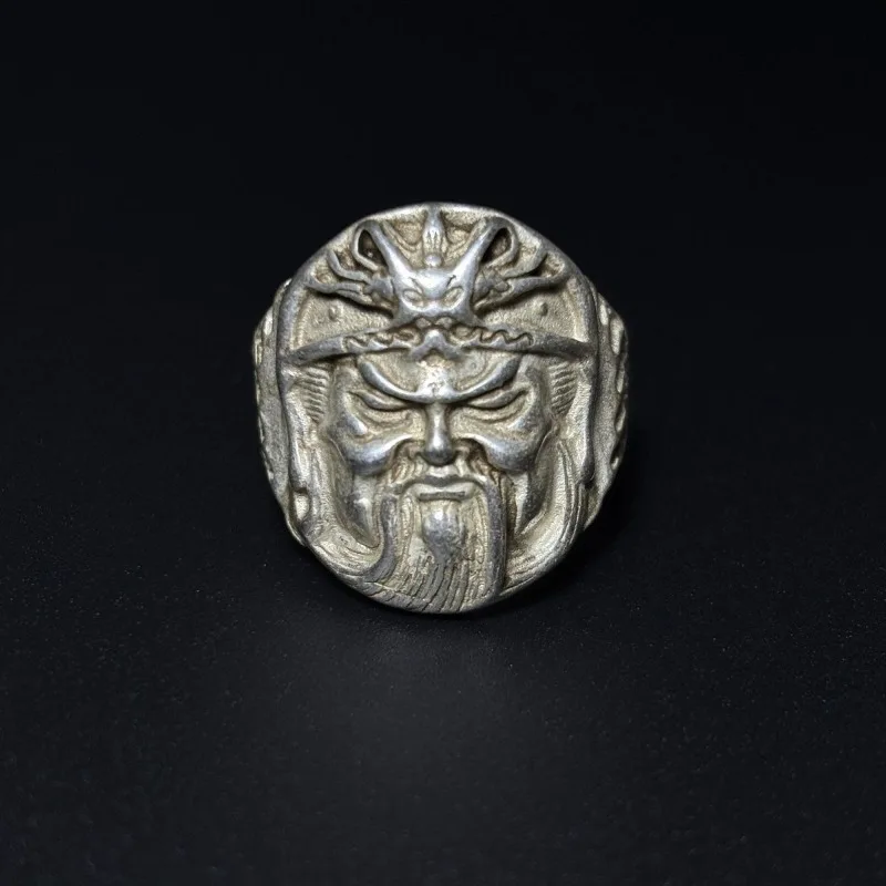 Vintage Carved Guan Gong God of Wealth Ring, Tibetan Silver Adjustable Open Thumb Ring, Folk Antique Men's Jewelry