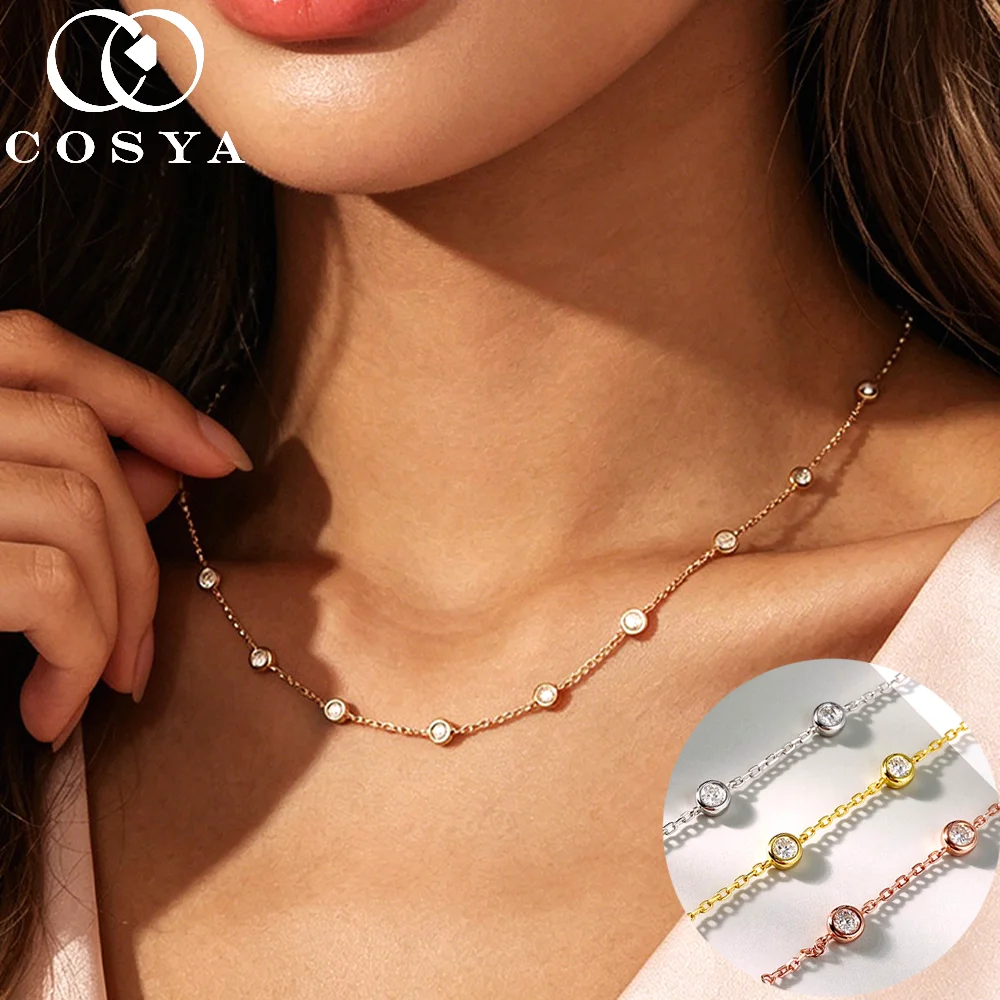 COSYA 3mm Moissanite Bubble Necklace for Women S925 Silver D Color Bezel Lab Diamond Choker Chain Dainty Party Fine Jewelry Gift