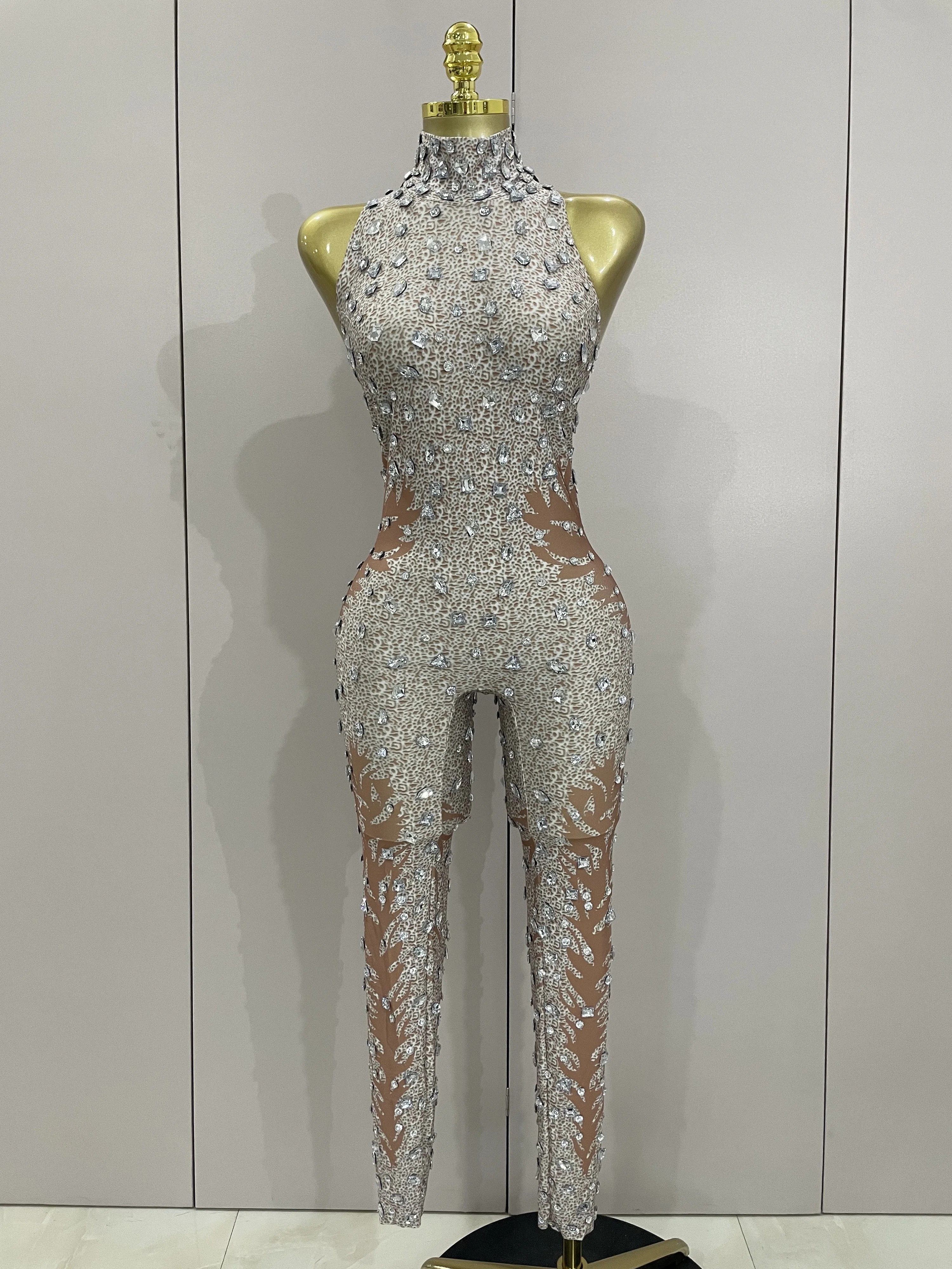 مثير سباركلي الراين أكمام غمد بذلة النساء احتفال مساء حفلة عيد ميلاد ملهى ليلي الرقص الفاخرة المرحلة الزي