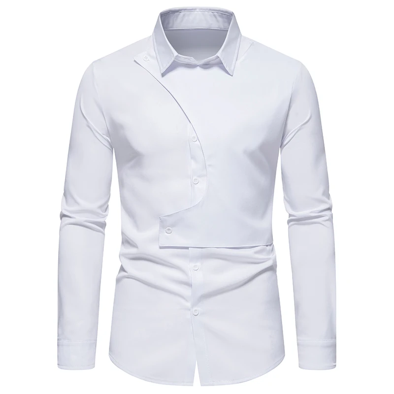 Mens White Shirts Chemise Veste Homme Trending Products 2022 Men Irregular Oblique Button Long Sleeve Social Camisa Dress Shirt