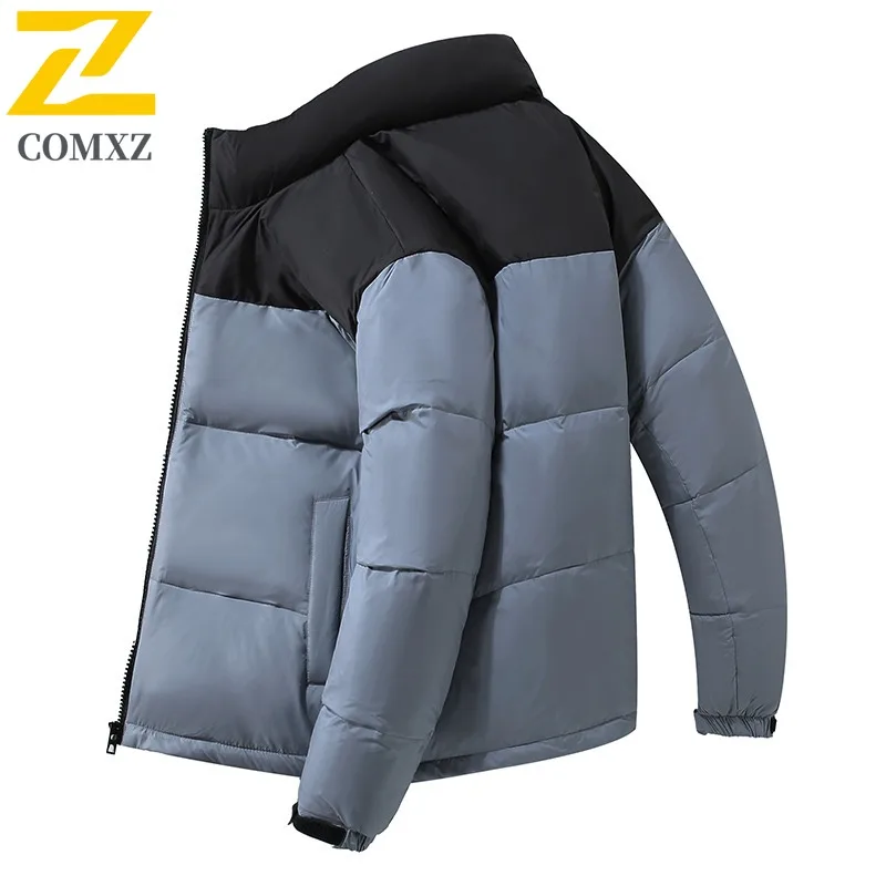 COMXZ 2025 Winter New Trend Unisex Color Block Crack Print Gradient Down Jacket Hooded Thermal waterproof windproof outdoor Coat