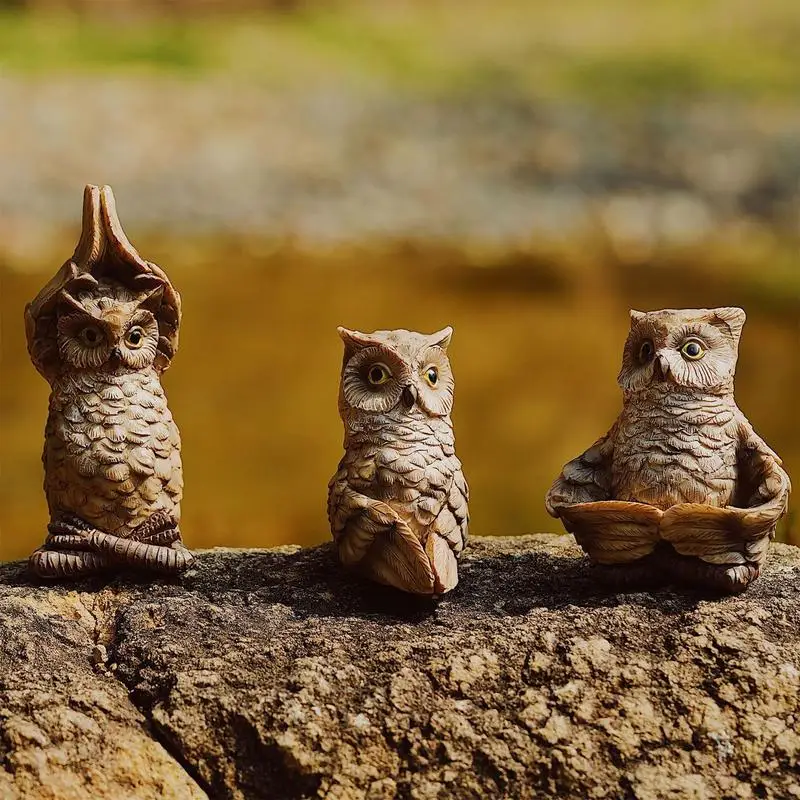 3pcs Meditating Buddha Owl Sculpture Resin Meditating Owl Figurine Zen Yoga Garden Statue Garden Supplies for garden Decor