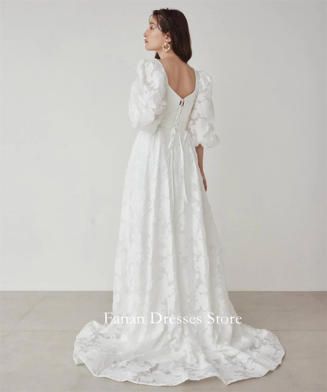 FANAN Korea 스퀘어 넥 레이스 우아한 A 라인 심플 웨딩 드레스 웨딩 드레스 셔링 코르셋 아이보리 맞춤형 예쁜 신부 G