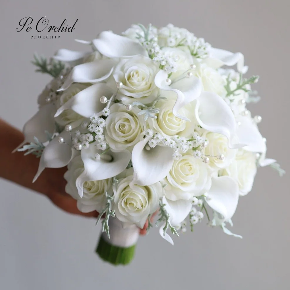 PEORCHID-Bouquet de Luxe en Faux Ivoire pour Patients, Vrai Toucher, Calla CAN ies, Fleurs Artificielles pour Mariage