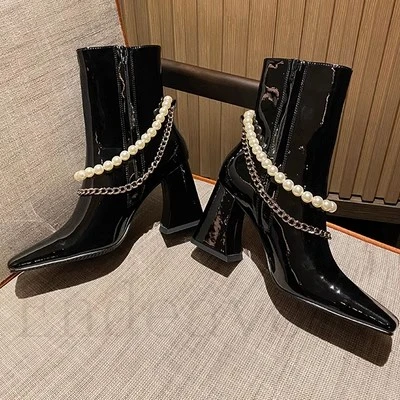 

Pearl Chain Lacquer Leather Square Toe Ankle Boots Side Zipper Thick Heel Spring and Autumn Single Boots Woman Versatile Boots