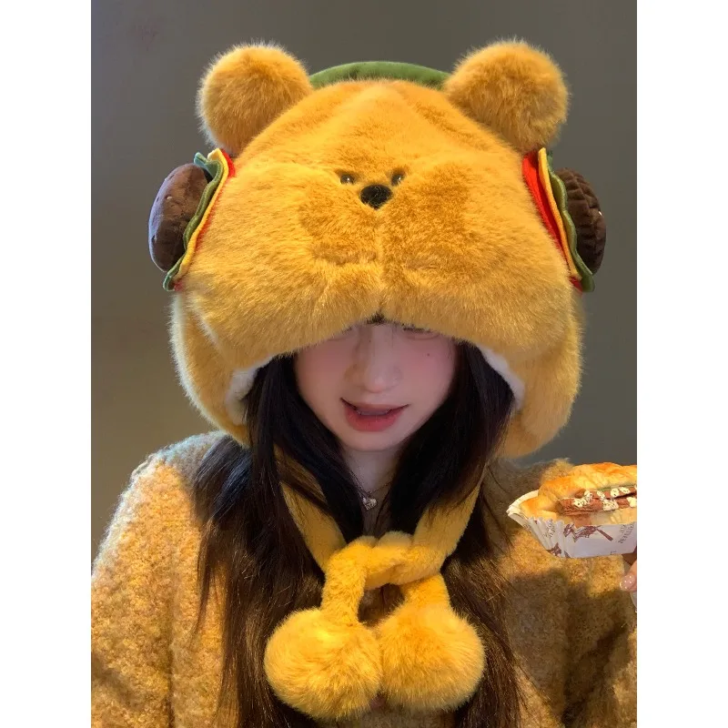 الخريف الشتاء تأثيري لطيف همبرغر الدب أفخم قبعة يندبروف بونيه الكرتون قبعة دافئة للنساء الفتيات كرنفال هدايا الحفلات