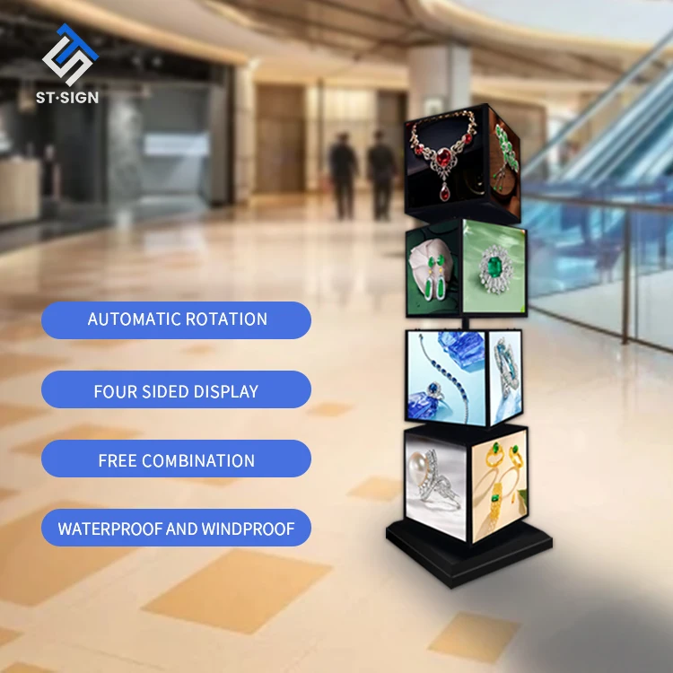 Customized Floor Led Advertisement Sign Menu Poster Frame Box Light Acrylic Iron Square Waterproof Automatic Rotating Light Box