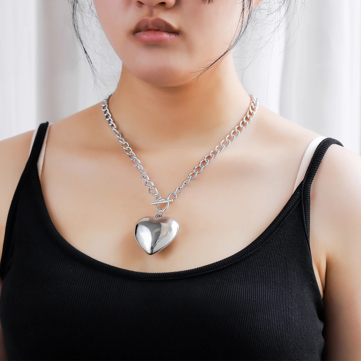 Chunky Puffy Heart Pendant Necklace for Women Girls Link Chain Necklace Trendy Y2K Jewelry Accessories