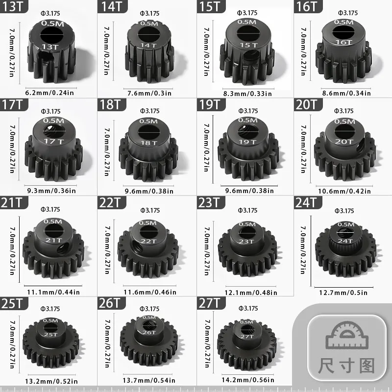 Alta qualidade 13t-27t material endurecido m0.5 buraco 3.175mm eixo metal pinhão engrenagem do motor para rc buggy truggy monster truck