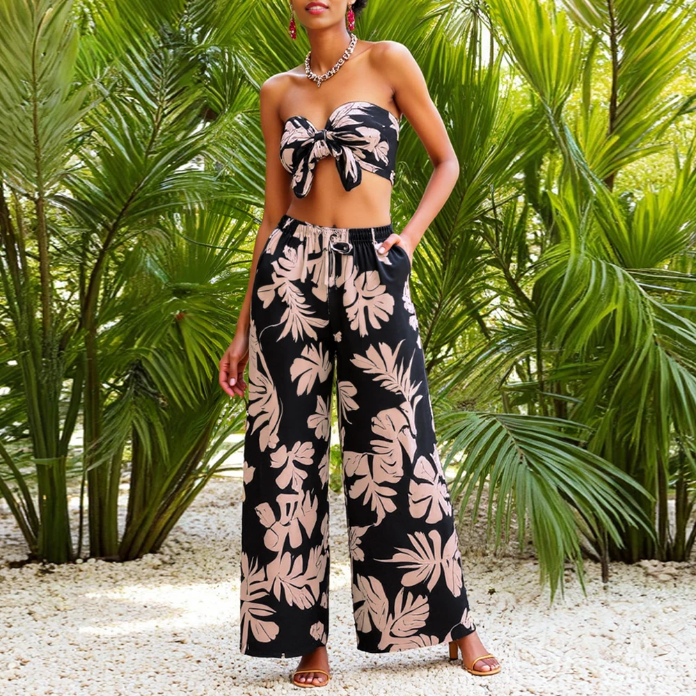 Mia Muse Damessets Alle seizoenen Volwassen Vibe Bloemen Street chic Artistiek tube top Mouwloos Hoge taille Wijde pijpen Feestsets