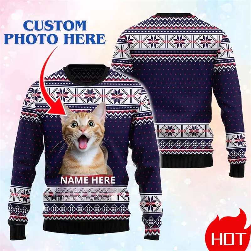 Custom Pet Cat Face Family Ugly Sweaters Funny Personalized Christmas Sweatshirts Customized Sweatshirts Unisex 3D Print Tops