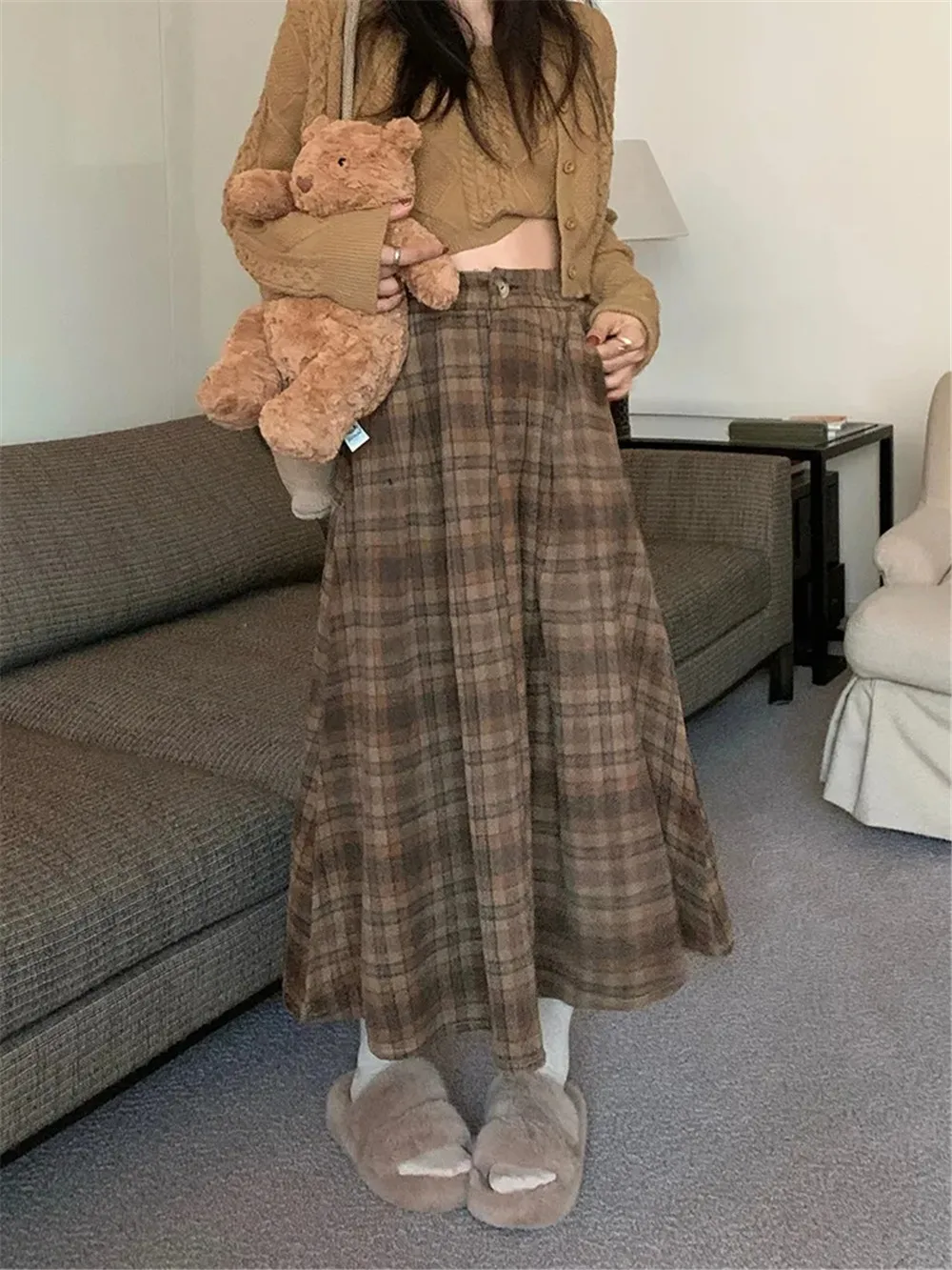 Spring Vintage Thick Plaid Pleated Skirt Women England Brown Elegant Chic Long Skirt High Waist A-Line Casual Woolen Skirts 2023