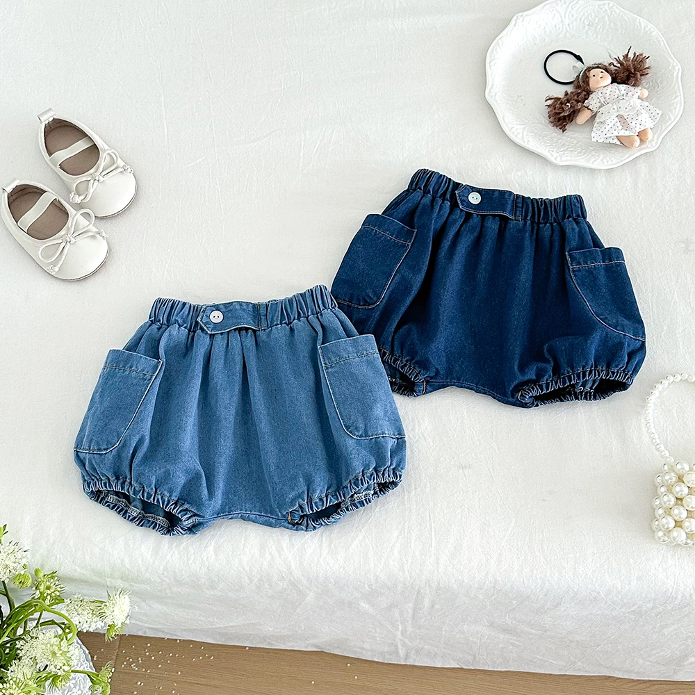 Baby Denim Bloomers Shorts Newborn Soft Cozy Cotton Toddler Boys Girls Summer Shorts Jean Pants Pocket Kids Clothing 0-3T