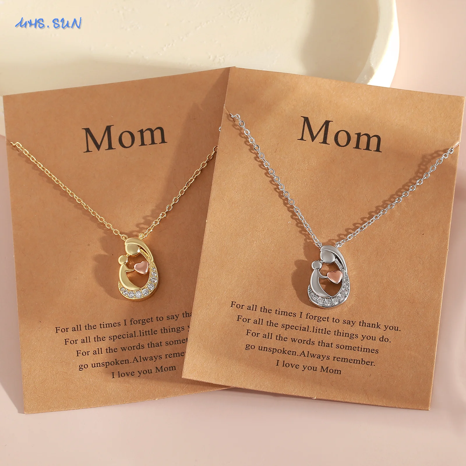 MHS.SUN Trendy Love Heart Mother Baby Pendant Necklaces for Mom Daughter Son Family Clavicle Valentine's Day Jewelry Gifts