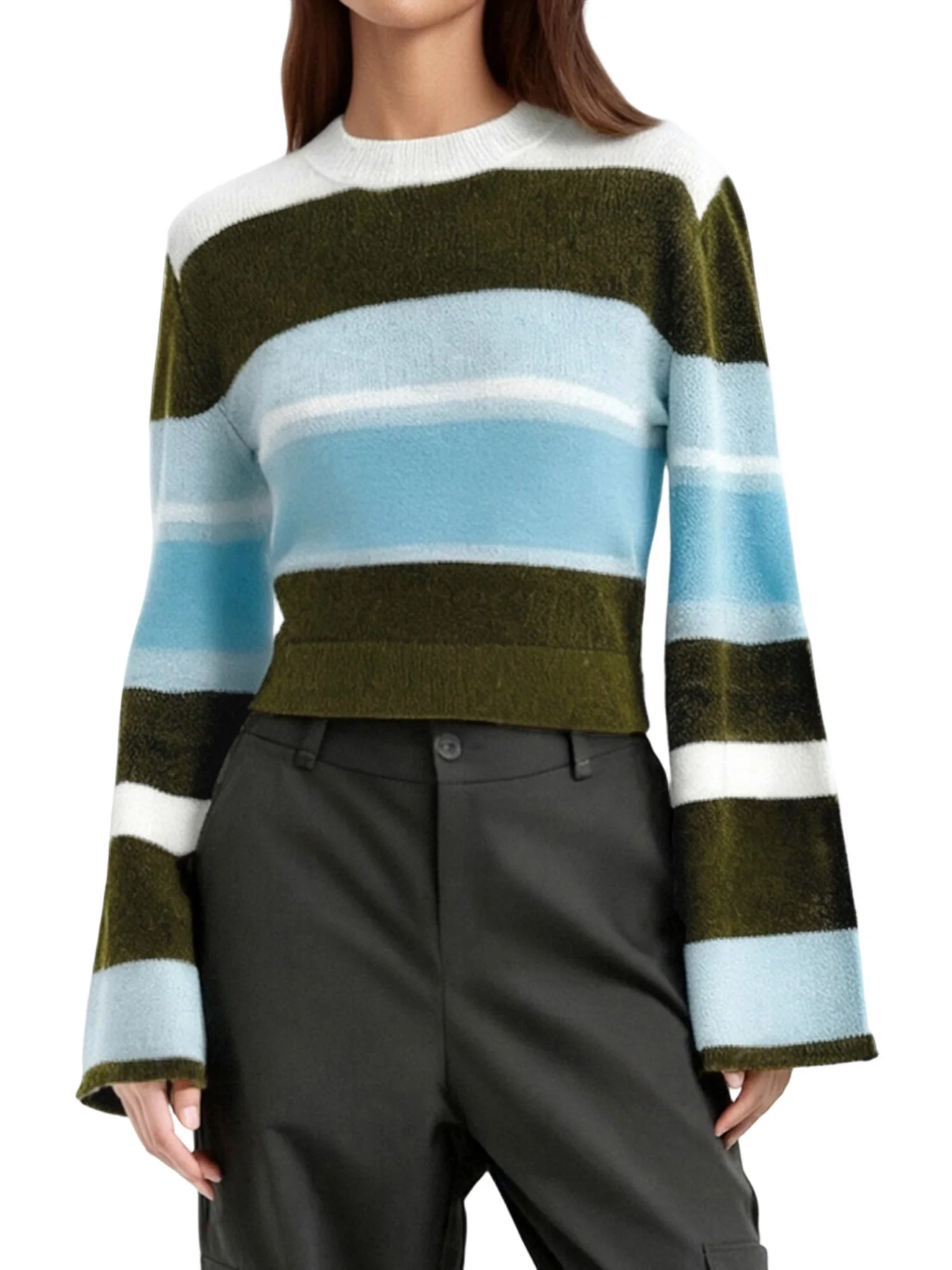 سترة نسائية محبوكة بألوان متعددة مع ياقة مدورة وأكمام واسعة لأزياء الشتاء الأنيقة