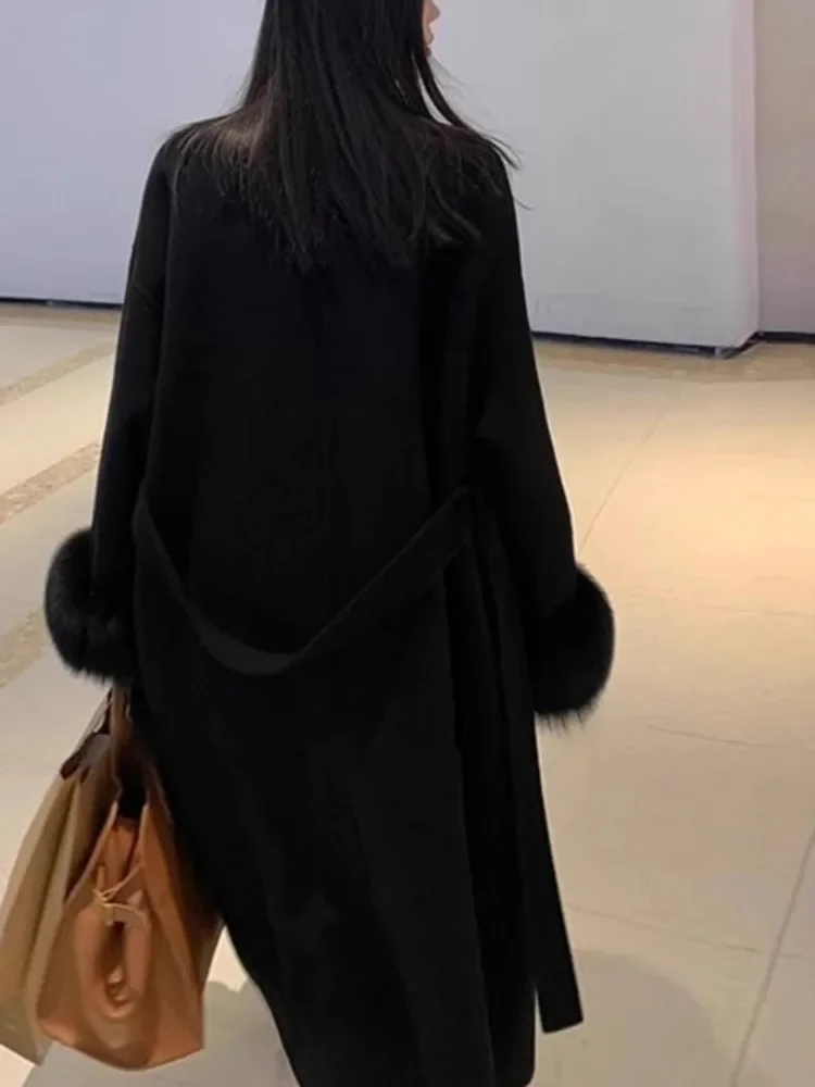 Two Sided Spliced Cashmere Coat For Women turn down collar Long Sleeves Solid Color Coats Winter 2025 New