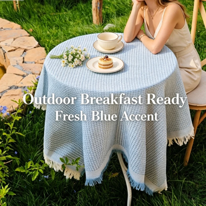 Round Tablecloth Waffle Texture Cotton Linen with Tassel Fringe for Outdoor Camping Garden Picnic Home Decor Coffee Table Cover