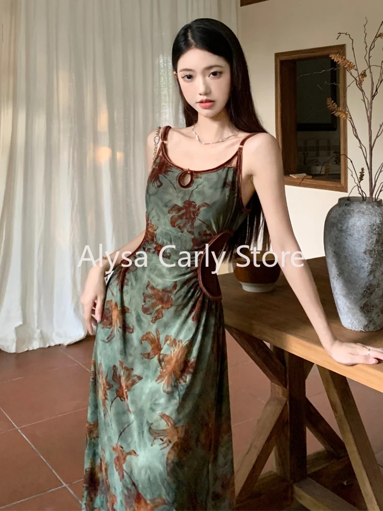 Vintage Elegant Floral Slip Dress Women Hollow Out Designer Korean Velvet Long Dress Female Autumn Matching Two Piece Dress Set