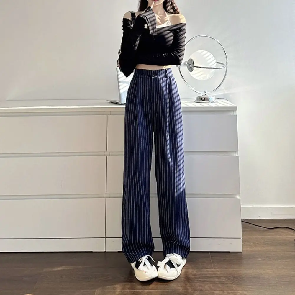 

Loose Stripe Straight Leg Pants High Waist Autumn Casual Pants Women Drape Feeling Workout Trousers Striped Suit Pants Female