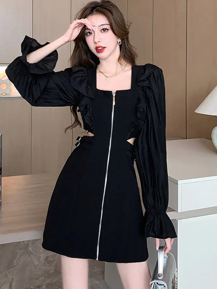 Black Chic Ruffled Elegant Hollow Out Sexy Dress for Women Autumn Winter Fashion Bodycon Prom Dress 2024 Korean Vintage Vestidos