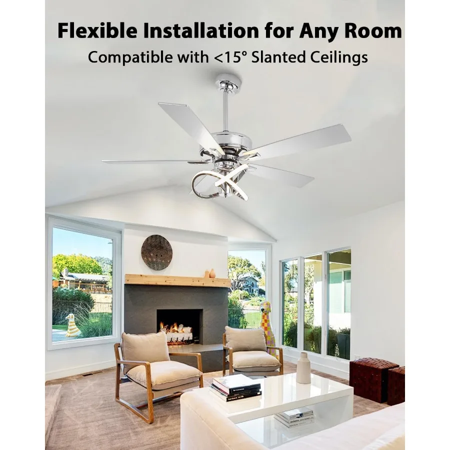 52 Inch Ceiling Fans with Lights for Indoor Outdoor Use Creative Modern Silver Design with Remote Control 3 Color Temperature S