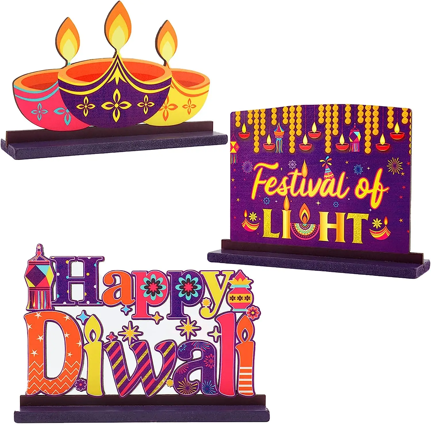 

Cheereveal 3 Pcs Happy Diwali Table Decorations Indian Deepawali Wooden Centerpieces Ornament for Hindu Festival of Lights Decor