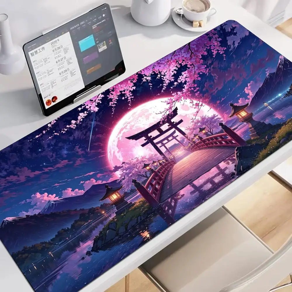 Large XXL Gaming Mouse Pad Desk Mat Keyboard Pad Pink Full Moon Torii Gate Mount Fuji Cherry Blossom Lake Print Non Slip Rubber