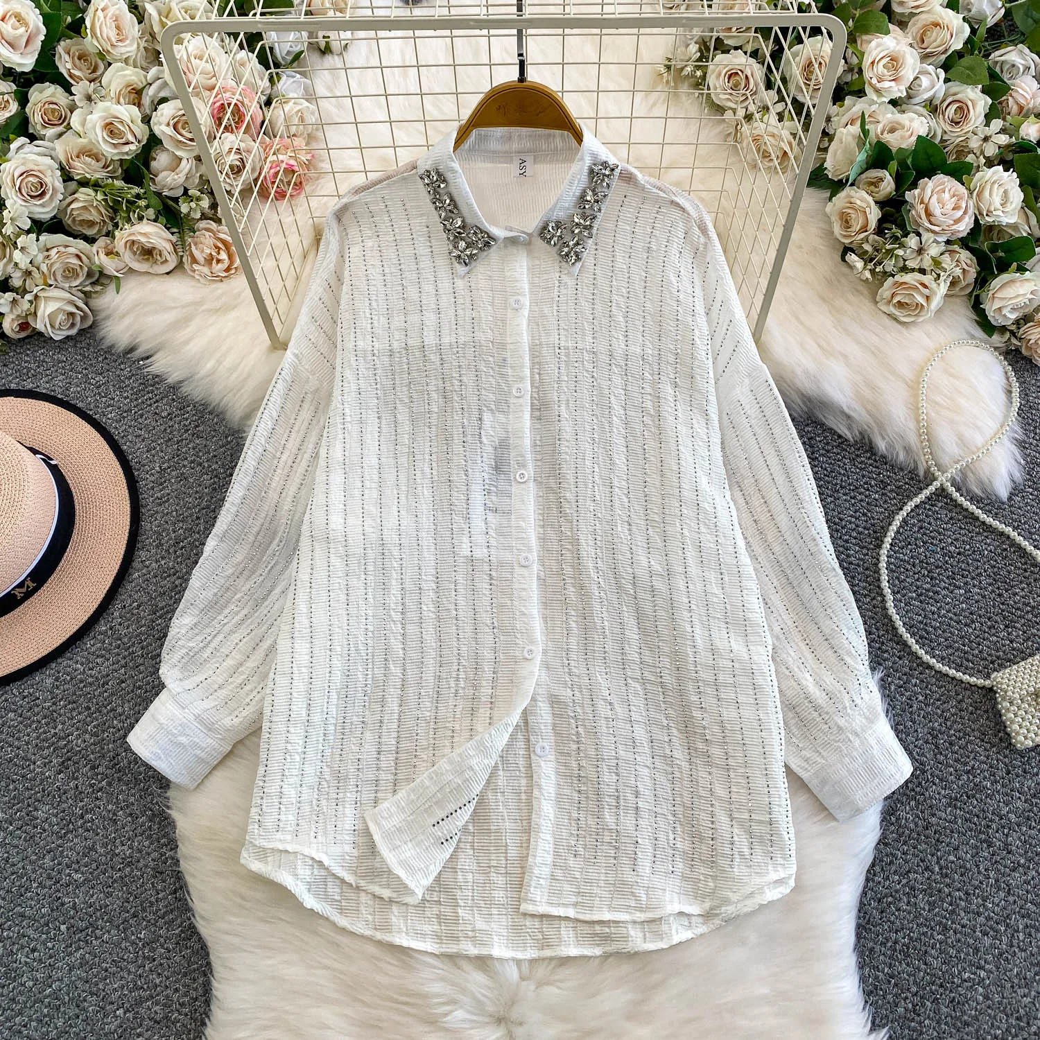 

SuperAen Autumn and Winter Casual Luxury Striped Diamond Polo Collar Patchwork Jacket for Women Long-sleeved Sun-protective Tops