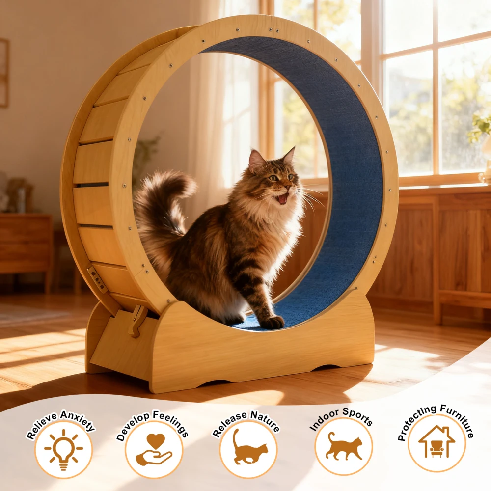 Cat Exercise Wheel for Indoor Cats, 42" Cat Treadmill Wheel with Detachable Carpeted Runway, Natural Solid Wood Sturdy Running