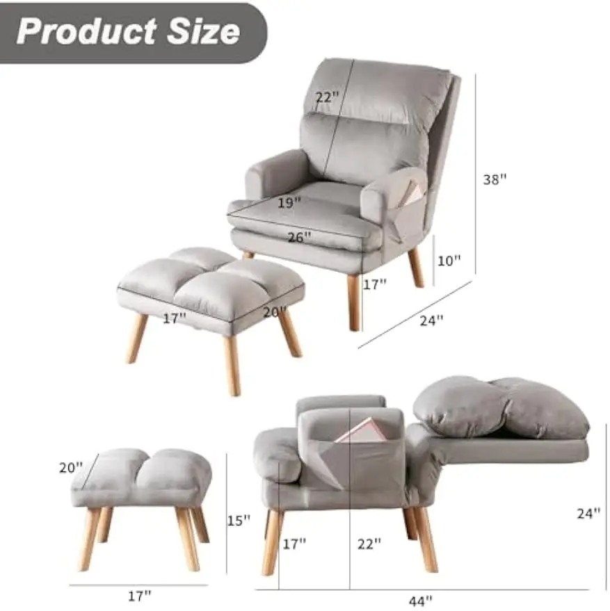 Grey Soft Fabric Armchair Ottoman Modern Accent Chair Adjustable Backrest Side Pockets Comfy Lounge Living Room Bedroom Apartmen