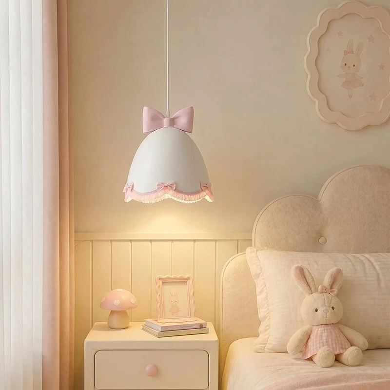 French Cream Style Princess Room Girl Bedroom Chandeliers Pink Bow Tassel Lamp Warm Baby Room Children's Room Bedside Chandelier
