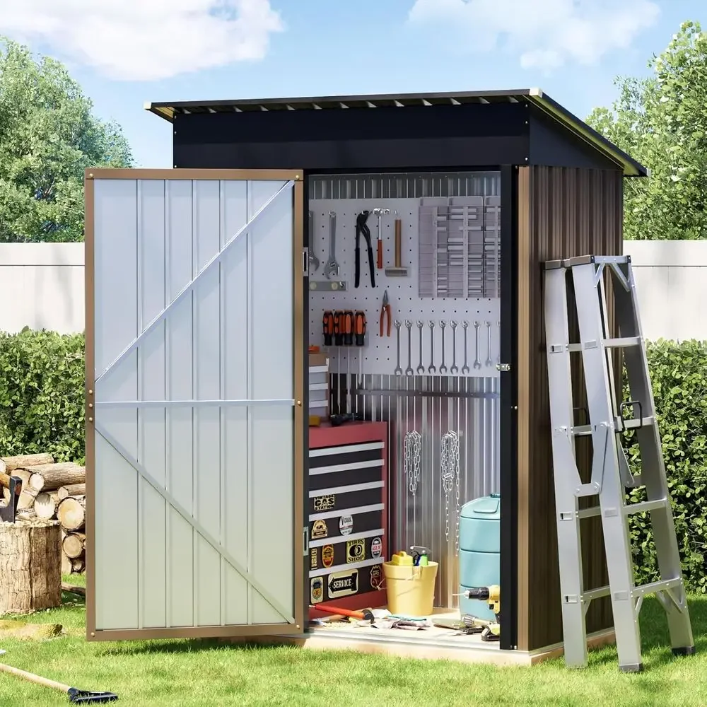 Compact Outdoor Steel Storage Shed - Lockable, Ideal for Tools, Garden, Patio, Utility, and Bike Storage, Brown