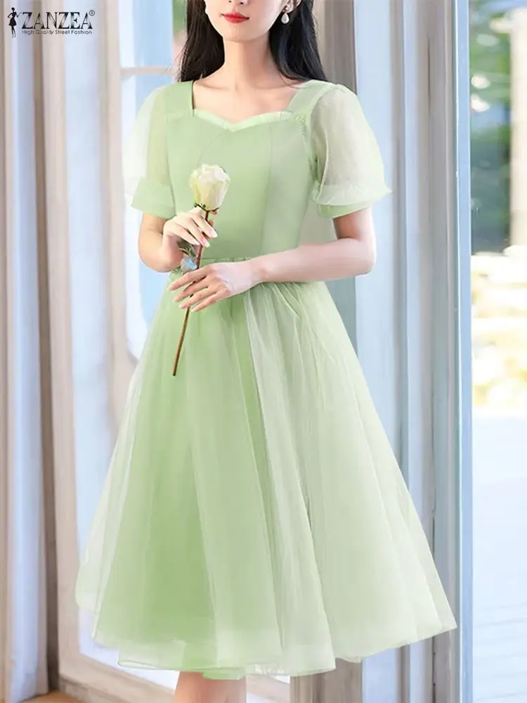 ZANZEA-vestidos Midi elegantes de malla con retales para mujer, vestido de fiesta de noche con cuello en forma de corazón y manga corta abombada, 3 colores, S-3XL