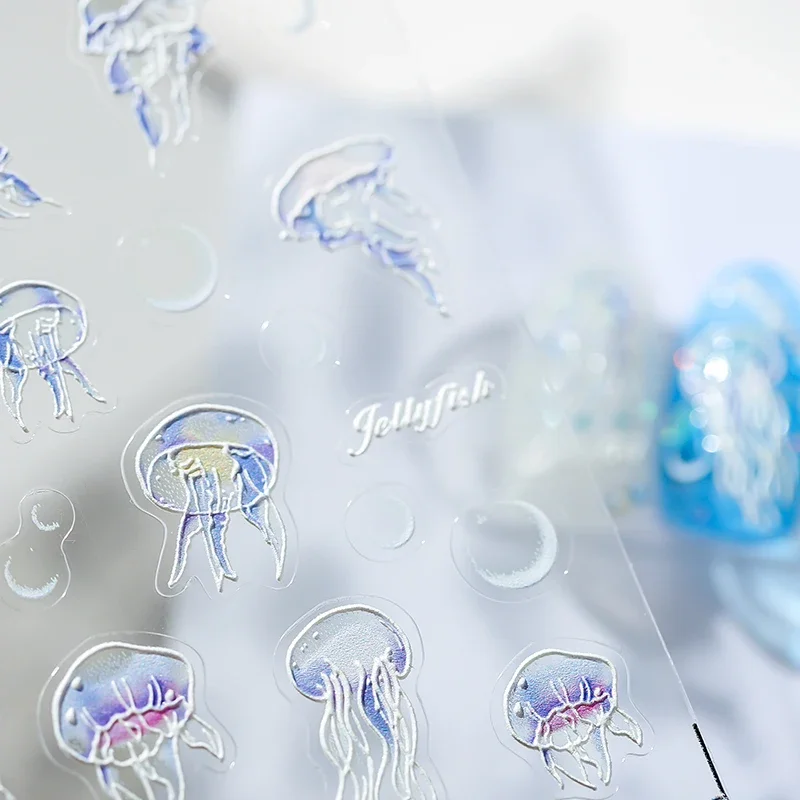 Jellyfish Summer Beach Soft Reliefs Self Adhesive Nail Art Decoration Sticker Blue Colorful Shell Sea Mermaid 3D DIY Nail Decals