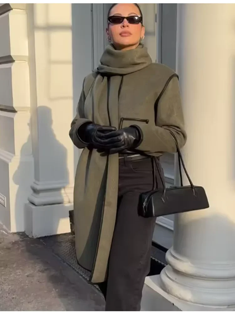 

Женское короткое шерстяное пальто с шарфом и воротником, модная шикарная куртка с длинными рукавами и карманами с лацканами, новая осенняя женская уличная одежда, верхняя одежда