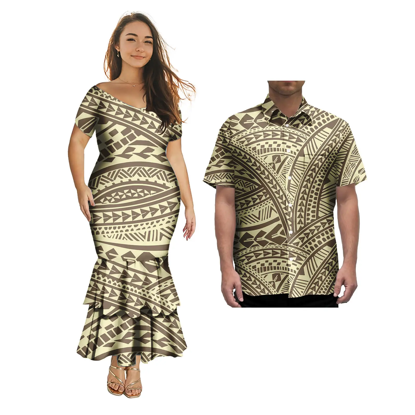 New Hot Sale Couple Clothes 2 Pcs Custom Samoa Tonga Polynesian Tribal Women V Neck Mermaid Prom Dress Match Aloha Men Shirt