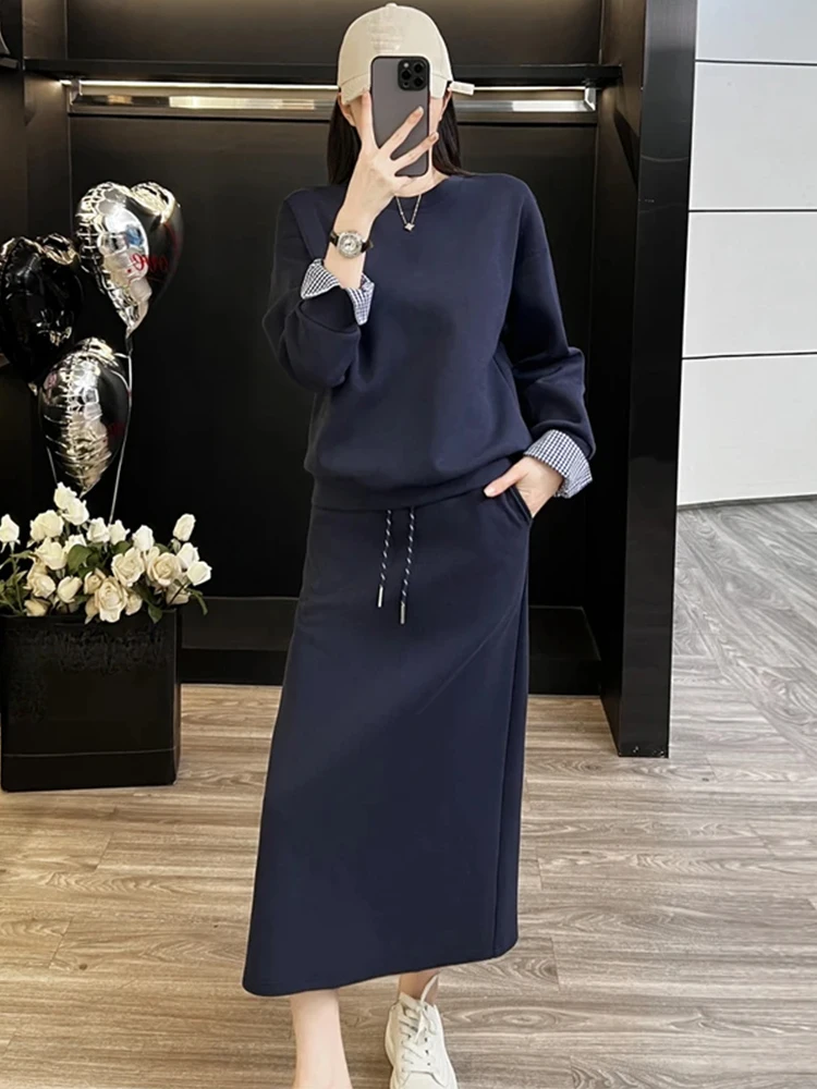 패셔너블 캐주얼 여성복 2025 봄 가을 신상 소형 사이즈 한국 스타일 다용도 스웨트셔츠 스커트 투피스 세트