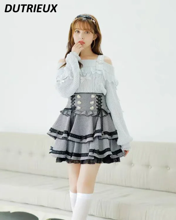 Japanese Mine Style Lolita Lace Bow Short Strap Skirt Sweet Cute Girls Versatile High-waisted Lace-up Waist Frilly Mini Skirts