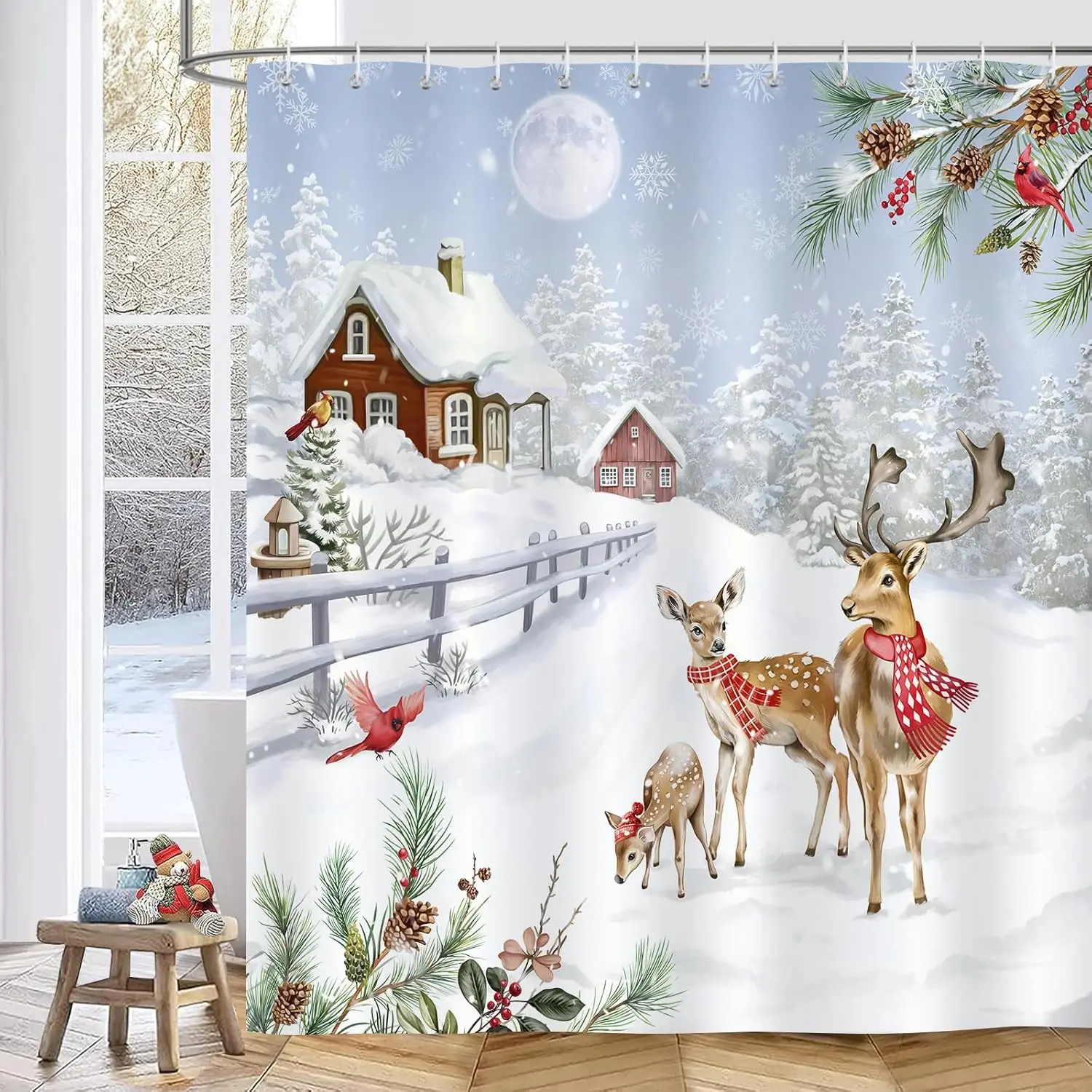 Winter Deer Shower Curtain, Xmas Cardinals on Pine Branches Snowy Forest Christmas Bathroom Curtain Polyester Fabric Waterproof