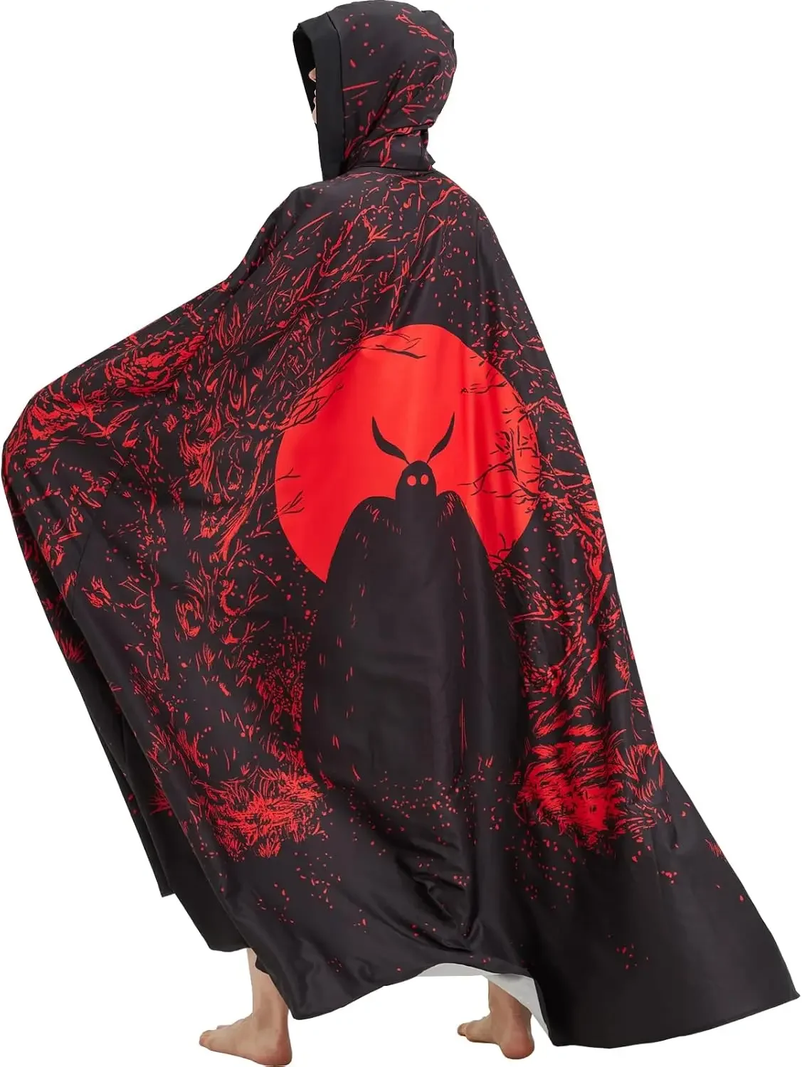 Mothman-Themen-Cartoon-Halloween-Muster, HD-gedruckter Kapuzenumhang, Hexe, mittelalterliches Kostüm, Cosplay, Halloween-Vampir-Umhang