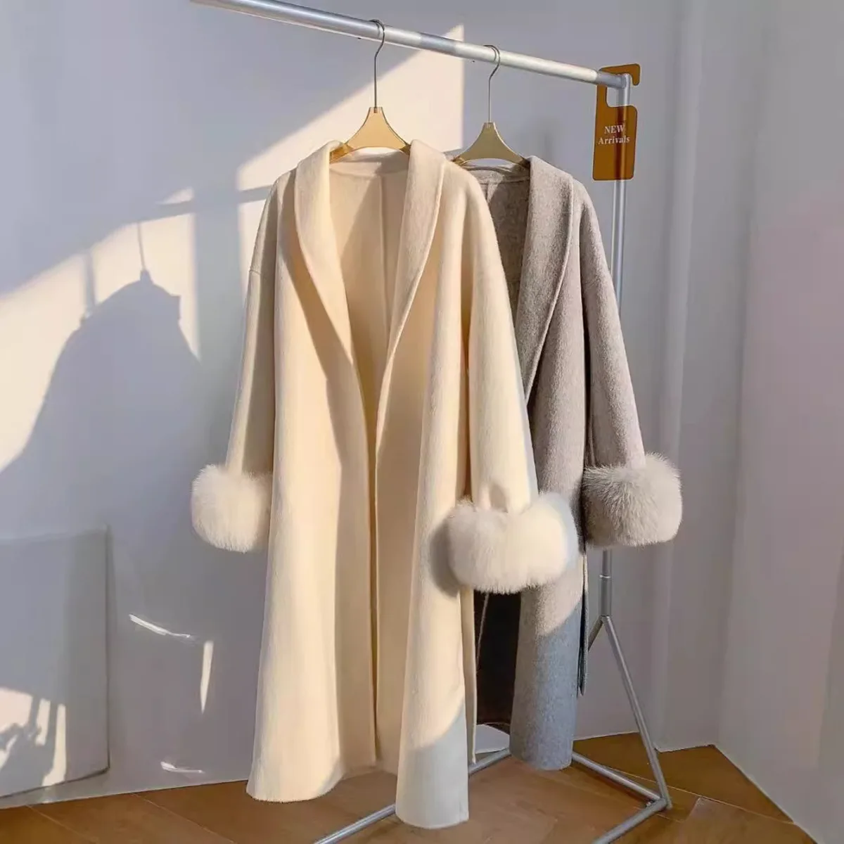 BJTZ خريف شتاء 2025 جديد المرأة طويلة مزدوجة الوجه معطف من قماش الكشمير مع انفصال الثعلب الفراء الأصفاد التلبيب طوق الصوف مزيج دافئ #5