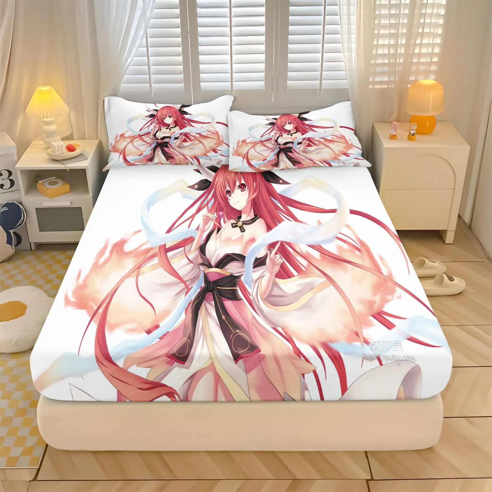 Tokisaki Kurumi Date A Live Anime Fitted Sheet Set 3D Print Elastic Mattress Cover With 2 Pillowcases For Anime Fans Bedroom