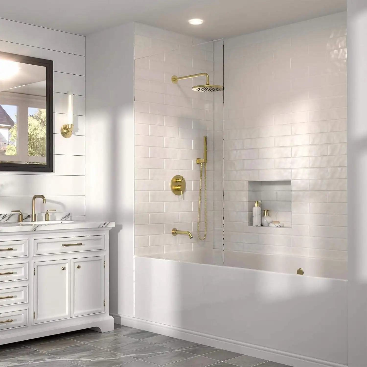 Duschsystem aus gebürstetem Goldmessing, doppeltes thermostatisches Duschset, wandmontiertes Duscharmaturen-Set für Badezimmer