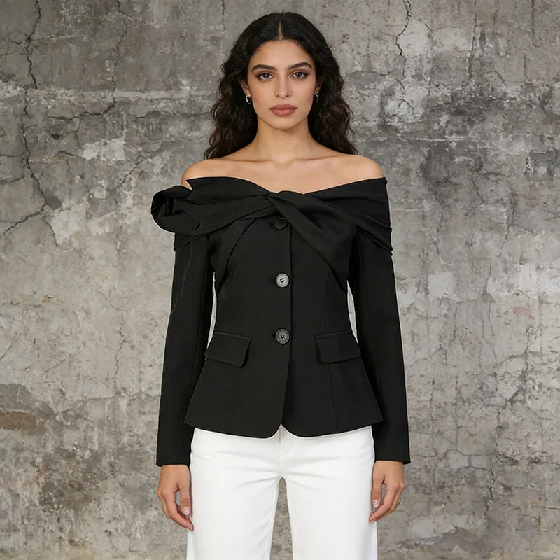 EDGLuLu  Korean Fashion Design Square Neck Twisted Black Single-Breasted Suit Jacket Off Shoulder Long Sleeved Short Coat 0506