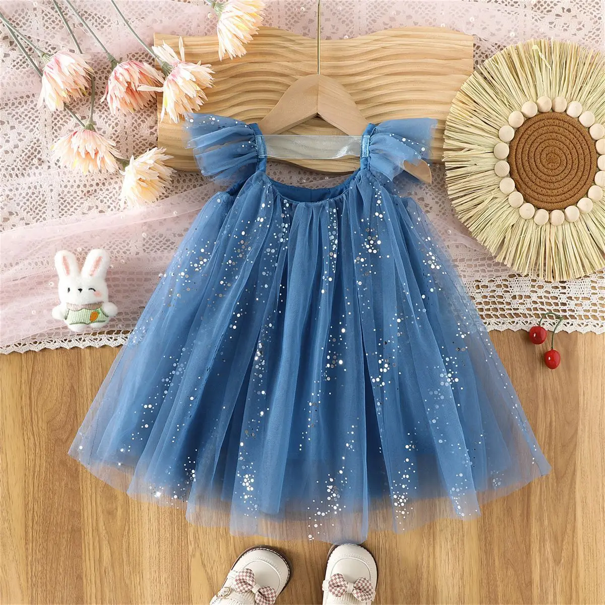 Korean Style Girls Suspender Dress 2026 Summer Kids Flutter Sleeve Mesh Breathable Daily Party Dress Children Clothes