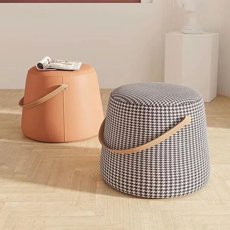 

Light Luxury Round Stool with Carrying Portable Handle Living Room Sofa Footstool Hallway Furniture Footrest Low Chair