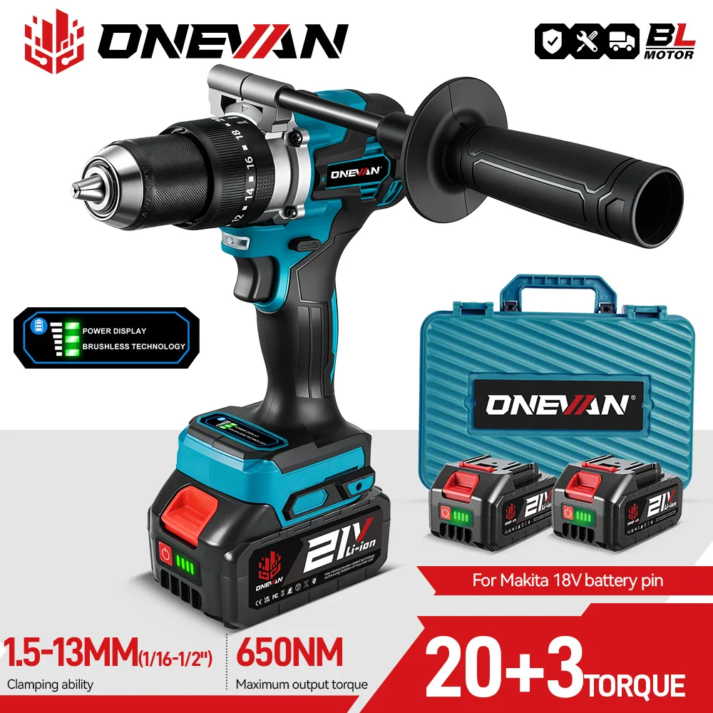 ONEVAN 13MM 650N.M Bürstenlosen Elektrischen Schlagbohrmaschine 20 + 3 Drehmoment Elektrische Hammer Bohrer Power Tool Für Makita 18V Batterie Pin