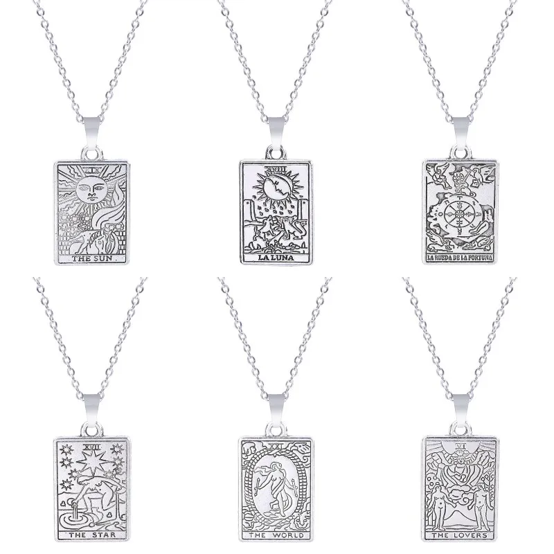 Goth Divination Tarot Card Necklaces Aesthetic Mystical Sun Word World Pendant Chain Collier For Women Party Gift Jewelry Bulk